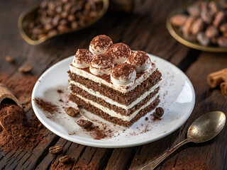 Slice of chocolate cake with tiramisu cream and cocoa powder on wooden table.