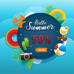 Shopping online vector banner graphic digital marketing. paper art shopping summer day sale. Happy colorful concept for Summer Season.