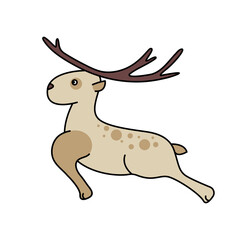 Jumping dappled deer in flat cartoon style isolated on white background.