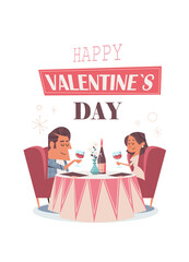 couple in love sitting at cafe table girlfriend and boyfriend drinking wine on date valentines day celebration concept greeting card invitation poster full length vertical vector illustration
