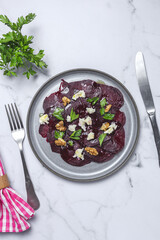 Homemade Beet Salad with Walnuts, Mozzarella and Parsley
