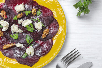 Homemade Beet Salad with Walnuts, Mozzarella and Parsley
