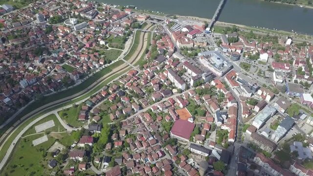 An aerial view of the buildings and the roads at the Brcko district, Bosnia and Herzegovina in HD