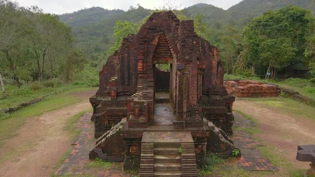 Aerial view of ruins in the My Son Sanctuary, remains of an ancient Cham civilization in Vietnam. Tourist destination in the city of Danang. Travel to Vietnam concept