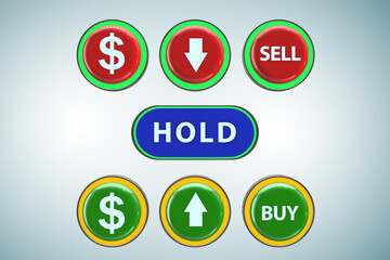 Concept of commercial choices between buying holding and selling