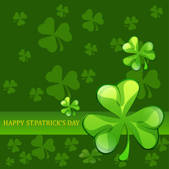 St. Patrick's Day card. Clover leaves with coins on background for greeting holiday design. Vector illustration.