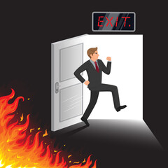  Businessman running from a fire to emergency exit door, illustration vector cartoon