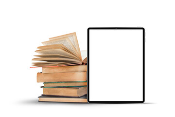 Books and tablet computer on white background.
