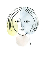 Face of a young women on a watercolor abstract background. Watercolor fashion illustration.