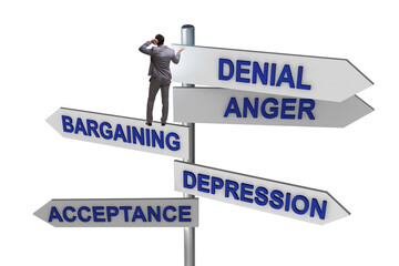 Concept of five stages of grief with businessman