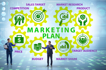 Marketing concept illustration with businessman pressing button