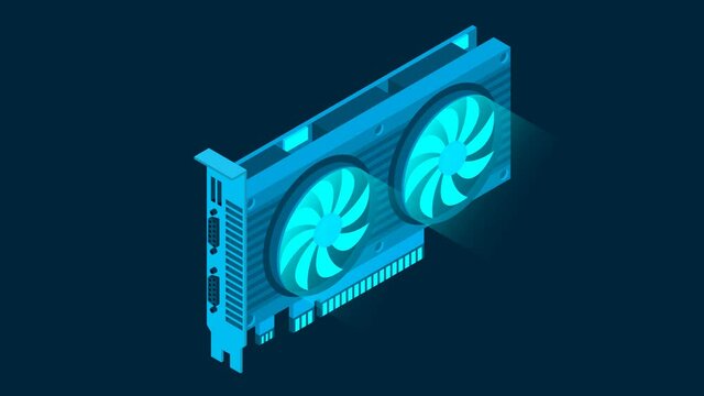 3d isometric video graphic card. Video Graphics Card for cryptocurrency mining or gaming. Personal computer hardware components. 4K loop video footage