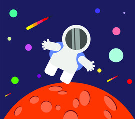 flat vector illustration of astronaut. drawing of an astronaut in a spacesuit over an orange planet. planet with craters. cute space child drawing
