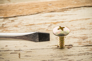 Wrong tool for this job. Screw and screwdriver on old wooden background. Recruitment, HR human resources management in business company, put the right man on the right job concept.
