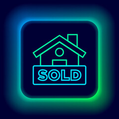 Glowing neon line Hanging sign with text Sold icon isolated on black background. Sold sticker. Sold signboard. Colorful outline concept. Vector.