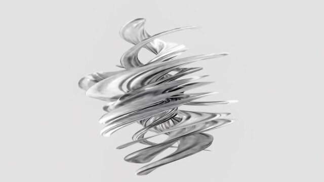 4K 3D rendering abstract art surreal organic object in swirl curve round wavy figure rotating seamless loop on white background. Monochrome abstract animation. 3D digital art, generative art object.