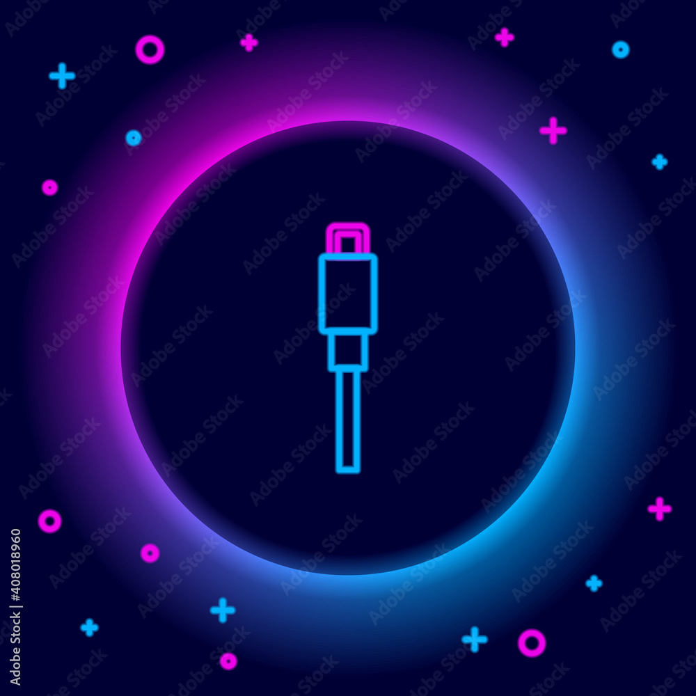 Wall mural Glowing neon line USB cable cord icon isolated on black background. Connectors and sockets for PC and mobile devices. Colorful outline concept. Vector.