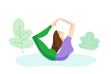 Pretty sporty girl doing yoga in park. Girl in Dhanurasana balancing on abdomen, in the shape of a bow. Female yoga banner concept. Women's fitness, meditation and restore activity illustration.