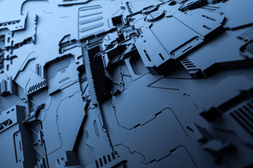 3d illustration of a realistic model of a robot or blue cyber armor. Close-up equipment for mining crypto-bitcoin; ether. Video cards; motherboards