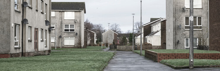 Derelict council house in poor housing estate slum with many social welfare issues in Port Glasgow