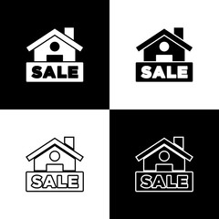 Set Hanging sign with text Sale icon isolated on black and white background. Signboard with text Sale. Vector.