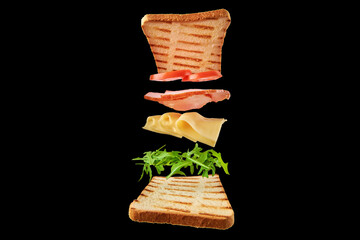 Fresh sandwich with flying ingredients on black background isolated. Fly food concept