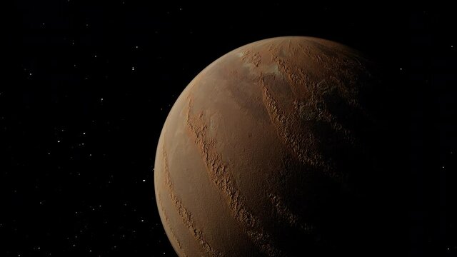 Abstract space exploration with brown sand planet with a solid surface in outer space on a starry sky. 4K 3D rendering galaxy flight fly by the alien sand planet,  science fiction background concept.