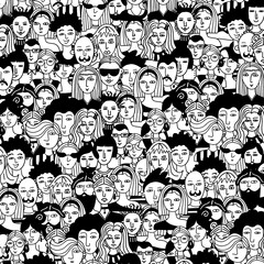 Doodle people pattern. Hand drawn male and female crowd, hipster man and woman portraits, modern human square background, line black and white vector cartoon illustration