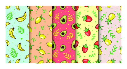 Fototapeta na wymiar 5 Seamless Fruit Pattern Collection