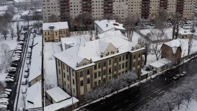 Ujpest, Budapest, Hungary. Aerial view about the old abandoned Arpad Hospital in Budapest. This place is closed lot years ago. Since then it has empty. 