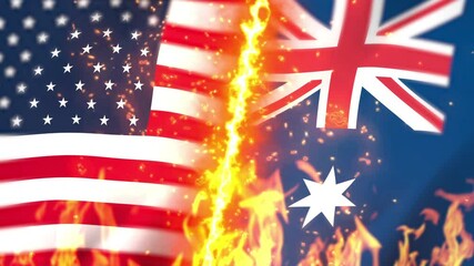 America versus Australia flag on fire loop animation - Powered by Adobe