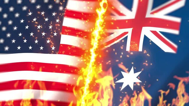 America versus Australia flag on fire loop animation