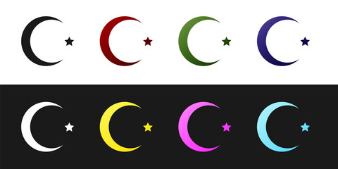 Set Star and crescent - symbol of Islam icon isolated on black and white background. Religion symbol. Vector.