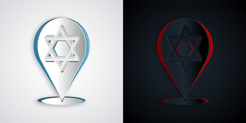 Paper cut Star of David icon isolated on grey and black background. Jewish religion symbol. Symbol of Israel. Paper art style. Vector.