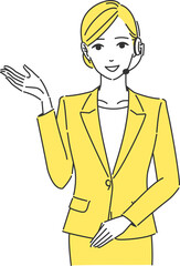 右手を上げるヘッドセットを身につけたスーツ姿の女性のイラスト  シンプルタッチ