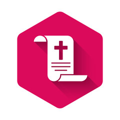 Obraz premium White Decree, paper, parchment, scroll icon icon isolated with long shadow background. Chinese scroll. Pink hexagon button. Vector.
