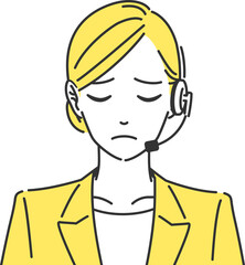 Obraz premium 謝罪をするヘッドセットを身につけたスーツ姿の女性のイラスト シンプルタッチ