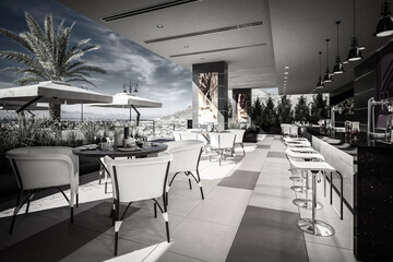 Fototapety  Taras Bar &amp  Restauracja z Outlookiem - czarno-biała wizualizacja 3d