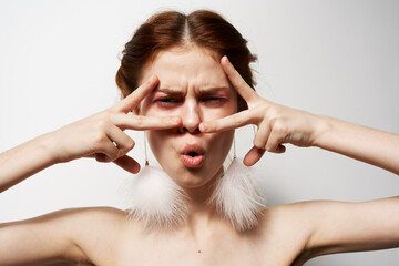 Fototapeta premium cheerful pretty woman naked shoulders cosmetics clean skin decoration emotions