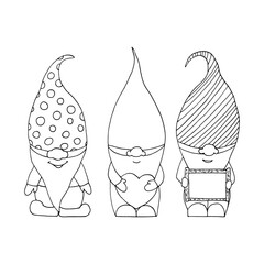 cute gnomes in hats set icon, sticker. sketch hand drawn doodle style. monochrome minimalism. scrapbook, characters.