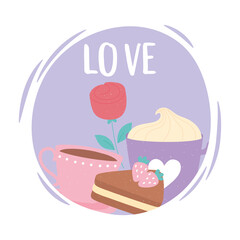 cake coffee cups and flower love and romance in cartoon style
