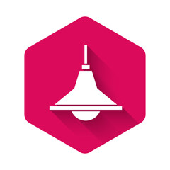 Fototapeta premium White Chandelier icon isolated with long shadow background. Pink hexagon button. Vector.