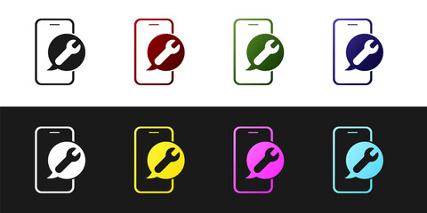 Set Mobile phone with wrench icon isolated on black and white background. Adjusting, service, setting, maintenance, repair. Vector.