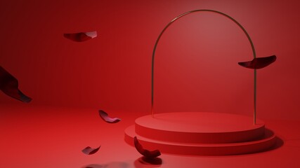 Red podium with rose petals floating 3D