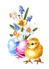 Colored Easter eggs, little yellow chick and Bouquet of spring flowers. Hand drawn watercolor illustration,  isolated on white background