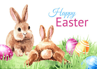 Colored eggs in the green grass and Easter rabbits. Hand drawn watercolor illustration, isolated on white background