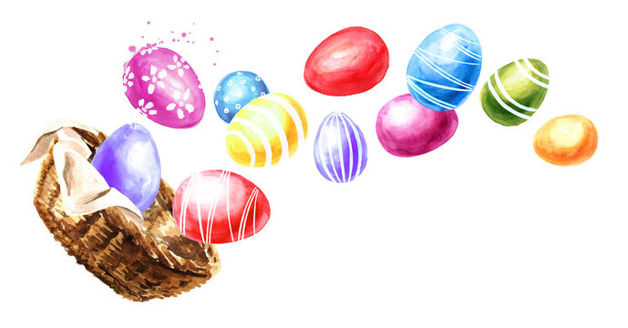 Basket with flying colored Easter eggs. Hand drawn watercolor illustration, isolated on white background