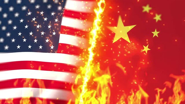 America versus china flag on fire loop animation
