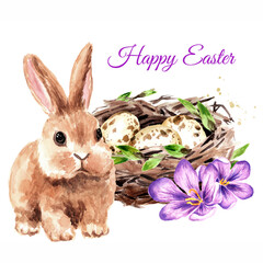 Easter nest with eggs, spring flowers and little cute rabbit. Hand drawn watercolor illustration isolated on white background