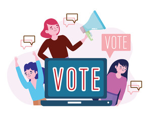 young women advertising vote online election white background